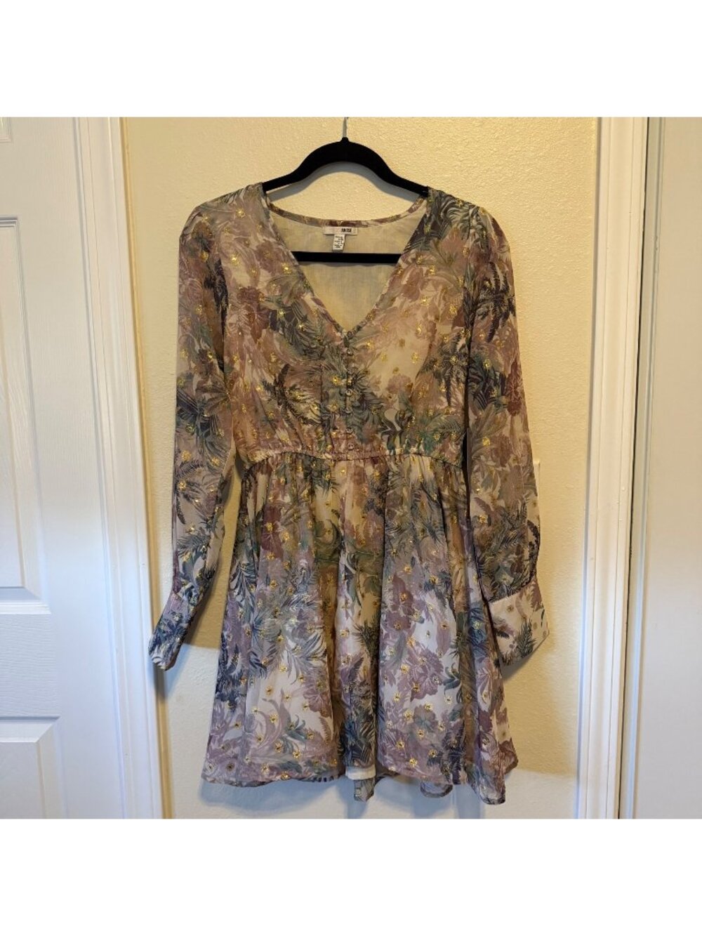 Nwt AMUSE SOCIETY Eva Luna Long Sleeve Mini Floral Dress "Seashell" Size Small